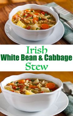 two pictures of irish white bean and cabbage stew with the title in green overlay