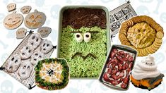 an assortment of halloween treats including cookies, rice and other foods are arranged in the shape of a monster