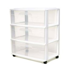 three tiered storage unit with wheels and plastic bins on the bottom, white