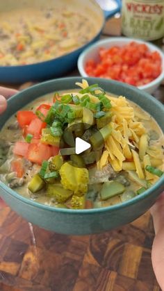 Brandon Frohne on Instagram: "Believe me when I say this 🍔Cheeseburger Soup 🍔 hits different in the middle of a snowstorm!🔥🔥 ❄️ 

It’s insanely delicious combining all those classic burger flavors for the ultimate bowl of winter comfort! 

🍔Loaded Cheeseburger Soup🍔
Serves 4-6

2 tbsp Avocado Oil
1 Pound Ground Beef
2 cups diced onion 
1 cup diced celery
1 cup diced carrot
1 tbsp Fresh Chopped Thyme
1/4 cup Chopped Garlic
2 tsp Mustard Powder
1/4 cup Worcestershire sauce
1/4 Primal Kitchen Organic SF Ketchup 
1-2 Russet Potatoes, Quartered
32 oz Chicken Stock
1 Bay Leaf
16 oz Heavy Cream
1 tbsp Corn Starch + 1 tbsp cold water to make a thickening slurry
Topppings: Shredded Cheddar Cheese, Diced Tomato, Chopped Dill Pickle, Chopped Bacon

Heat avocado oil in a skillet and brown the gr