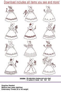 the instructions for how to make a paper doll in different styles and sizes, including dresses