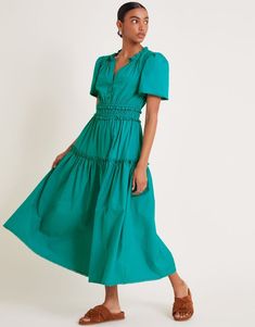 Lorena Frill Midi Dress Teal Tiered Puff Sleeve Dress With Ruffles For Daywear, Daywear Puff Sleeve Tiered Dress With Ruffles, Daywear Puff Sleeve Dress With Tiered Skirt And Ruffles, Puff Sleeve Tiered Dress With Ruffles For Daywear, Chic Puff Sleeve Knee-length Dress With Ruffle Hem, Daywear Puff Sleeve Dress With Ruffles And Tiered Skirt, Casual Tiered Skirt Dress For Work, Trendy Midi Dress With Ruffles, Chic Tiered Puff Sleeve Dress For Spring