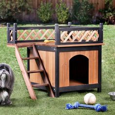 a dog is sitting in the grass next to his kennel