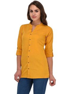 Handmade 100% Pure Cotton Traditional Solid Mustard Ethnic Wear Tunic Short Kurti Button Down Shirt. Short Kurti Top, Kurti Top, Short Kurti, Women Shirt Top, Gorgeous Blouses, Ethnic Looks, Rayon Shirt, Google Pay, Designer Shorts