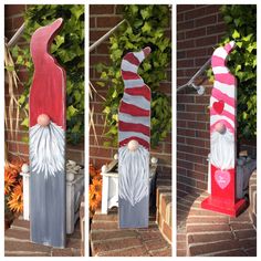 three different pictures of a gnome statue