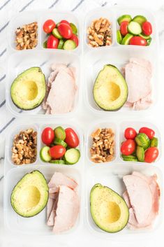 six plastic containers filled with different types of food and veggies on top of each other