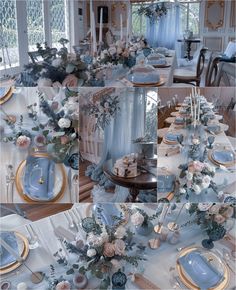 the table is set with blue and white dishes, silverware, flowers and candles