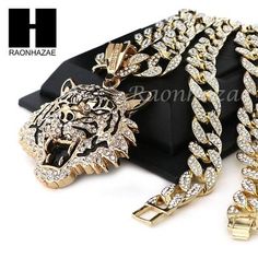 Iced Out Cuban Link Chain, Gold Chain Men, Gold Man, Clean Gold Jewelry, Tiger Pendant, Chain For Men, Putao, Gold Chains For Men, Dope Jewelry