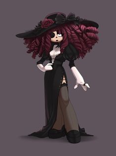 a cartoon character with red hair wearing a long black dress and large hat, standing in front of a gray background