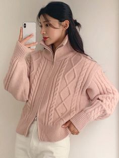 Women's Turtleneck Long Sleeve Casual Chic Cable Knit Zip-Up Cardigan Pink Casual  Three Quarter Length Sleeve Knitwear Plain  Non-Stretch  Women Clothing, size features are:Bust: ,Length: ,Sleeve Length: Winter Clothes Korean Style, Long Pink Cardigan, Áo Len Cardigan, Style Désinvolte Chic, Drop Shoulder Cardigan, Style Casual Chic, Clothes Korean Style, Sweater Maxi Dress, Cardigan Pink