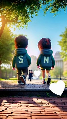 two children are walking down the street with their back to each other and one is wearing a green hoodie