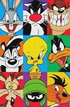 cartoon characters with different facial expressions on their faces, all in various colors and sizes