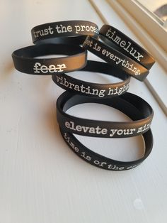 Very comfortable silicone wristband to keep you in that motivated mindset! Remember Time is of the Essence...Elevate your mindset! Choose from 7 motivational sayings! Hard to choose just one? Go ahead and pick more than 1 or gift to a friend! Wristband Details: -Black debossed ink-filled silicone wristband with a double sided design. -One size fits all! -Waterproof and durable silicone material. Inspirational Black Bracelets For Everyday, Black Inspirational Friendship Bracelets, Inspirational Black Friendship Bracelets, Adjustable Silicone Bracelet For Gift, Adjustable Silicone Bracelet For Gifts, Adjustable Silicone Bracelet As Gift, Time Is Of The Essence, Christian Bracelets, Motivational Sayings