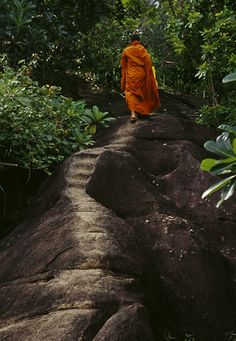 a person in an orange robe walking up a hill