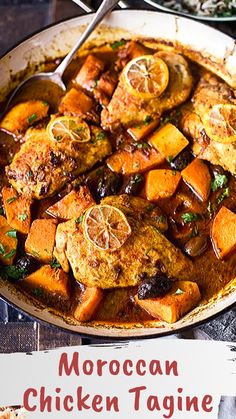 moroccan chicken tagine with carrots and onions in a pan