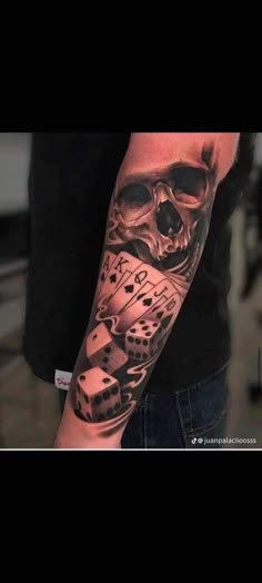 Skull And Cards Tattoo Design, Wrist Sleeve Tattoo Men, Hustle Tattoo For Men, One Life One Chance Tattoo, Lifes A Gamble Tattoo, Hustle Tattoo, Dice Tattoos, Playing Card Tattoos, Poker Tattoo