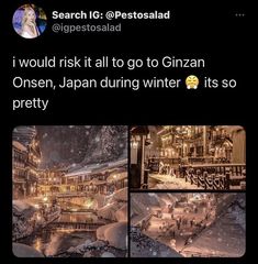 the screenshot shows an image of a snow covered area with buildings and lights in it