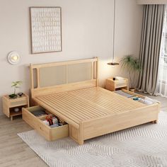 a bed with drawers underneath it in a room