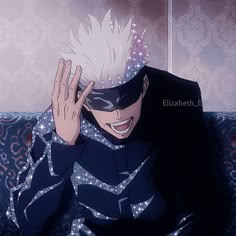 an anime character sitting on a couch with his hand up to his face and eyes closed