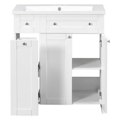 a white bathroom vanity with two drawers and one door open to reveal the sink area