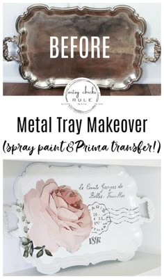 metal tray makeover with spray paint and prima transfer