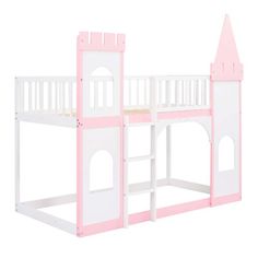 a pink and white wooden castle bed with stairs