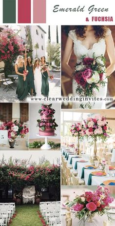 a collage of photos with pink flowers and green plants in the background, including two bridesmaids