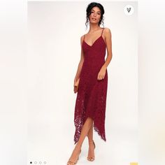 Pretty Red/ Burgundy Midi Dress Size Xs Zip Back Asymmetrical Lace Bottom New With Tags. Bought For Wedding That Was Cancelled 12 Inches Bust Area High Low Cocktail Dress, Dresses Lulus, Lace Burgundy Dress, Burgundy Midi Dress, Handkerchief Hem Dress, Mock Neck Mini Dress, Purple Midi Dress, Burgundy Lace, Hi Low Dresses