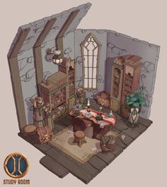 ArtStation - The Study Room: Diorama Drawing Room Concept, Room Diorama, Bohemian Style Inspiration, Interior Concept Art, Room Concept, House Interior Living Room, Isometric Drawing, Fantasy Rooms, Interior Living Room