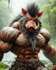 an image of a troll with big horns and huge claws on his face, standing in the woods