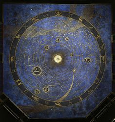 an image of a blue and gold painting with stars in the center, surrounded by zodiac symbols