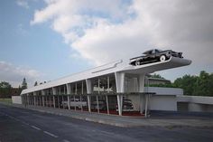 a car is parked on top of a building