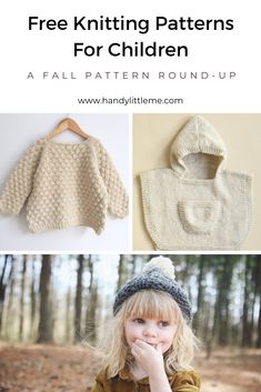 the knitting pattern for children's sweaters and hats is shown in three different pictures