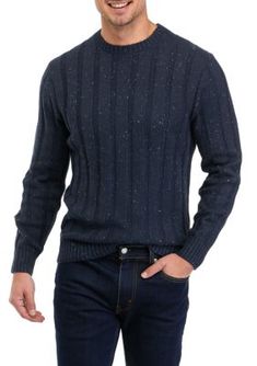 Stay cozy during cold-weather days in this comfy cotton-blend sweater from Crown & Ivy. | Crown & Ivy Men's Donegal Crew Neck Sweater, Blue, Large Winter Navy Textured Knit Sweater, Navy Textured Knit Sweater For Winter, Ivy Crown, Weather Day, Stay Cozy, Sweater Fashion, Crew Neck Sweater, Neck Sweater, Cold Weather