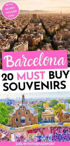 barcelona, spain with the text barcelona must buy souvenirs in pink and white