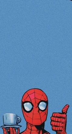 a spider man holding a cup and pointing to the sky with his finger up in front of him