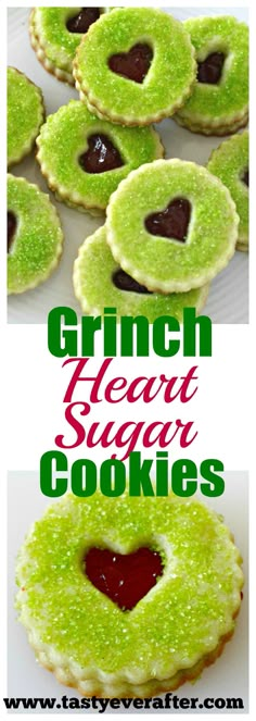 green heart sugar cookies on a white plate with the words, grin - faced cookies