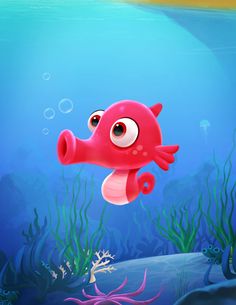 an animated red fish swimming in the ocean