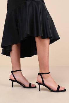 Stay comfortable and chic all through the day (and even into the evening) with the Lulus Ensley Black Suede Kitten Heel Ankle Strap Sandals! Soft faux suede shapes these eye-catching heels that feature a single sole silhouette, a square toe bed, and a slender toe strap. Matching straps sprout from the sides to wrap and secure around the ankle with a gold buckle, all atop a super cute kitten heel! 2. 75" Stiletto heel. Cushioned insole. Felted rubber sole has nonskid markings. Man made materials. Imported. Lulus | Ensley Black Suede Kitten Heel Ankle Strap Sandal Heels | Size 7.5. Super Cute Kittens, Graduation Shoes, Homecoming Outfits, Ankle Strap Sandals Heels, Sandal Heels, Cute Kitten, Ankle Straps, Kitten Heel, Ankle Strap Sandals