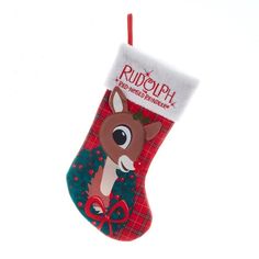 a christmas stocking hanging from the ceiling with reindeer on it's head and ribbon around its neck