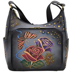 Hand Painted Purses, Paint Organization, Leather Hobo Bags, Credit Card Holders, Leather Hobo Handbags, Open Wall, Colorful Bags, Chic Leather, Trim Top