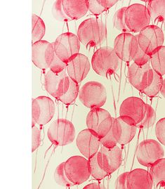 pink balloons floating in the air on a white background with red ink and watercolor