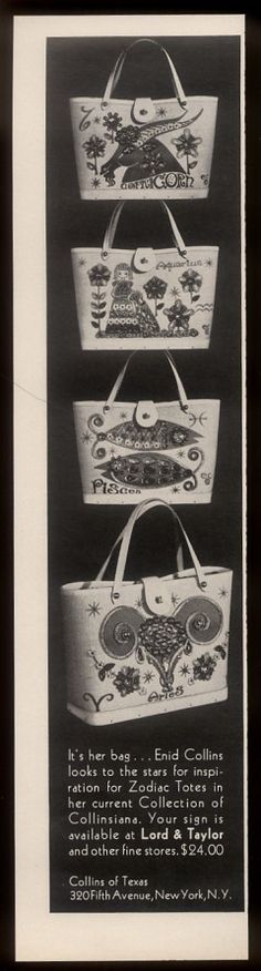 1969 Enid Collins Zodiac Aries etc 4 handbag purse photo vintage print ad | eBay Advertising Clothing, Scorpio And Libra, Aries And Pisces, Pisces And Aquarius, Mod Design, Sagittarius Scorpio, Blue Purse, Zodiac Sagittarius