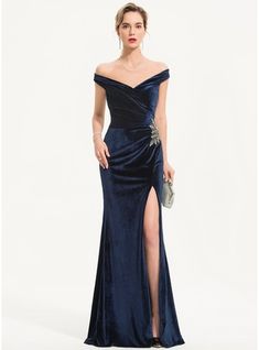 Sheath/Column Off-the-Shoulder Floor-Length Velvet Evening Dress With Beading Split Front (017186136) - JJ's House Off Shoulder Gown Evening Dresses, Velvet Gowns Evening Dresses, Evening Gown Velvet, Blue Velvet Gown, Navy Blue Velvet Dress, Velvet Bridesmaid, Elven Dress, Semi Formal Outfits