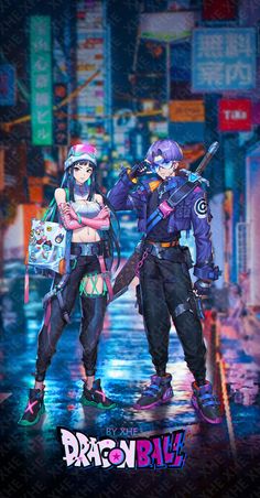 two anime characters standing next to each other on a city street with neon signs in the background