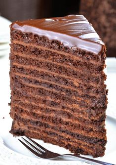 a slice of chocolate cake on a white plate with a fork in front of it