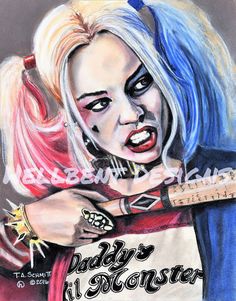 a drawing of a woman with blue hair and piercings holding a guitar in her hand