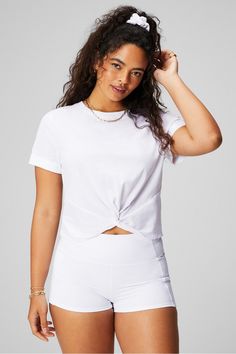 100% Cotton Front-Twist Tee Fabletics white female Activewear >> Womens >> Tops >> Short Sleeve T-Shirts >> Short-Sleeve Top regular Everyday/Lounge 100% cotton twist-front tee with knot. Female Activewear, Tops Short Sleeve, Twist Front, Photo Colour, Cotton Top, Model Photos, Classic White, Work Out, Favorite Jeans