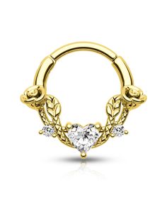 a gold nose ring with an open heart and leaves on the side, surrounded by diamonds