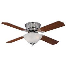 a ceiling fan with two wooden blades and a glass light on the top of it